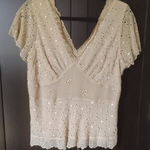 Elegant Cream Lace V-Neck Top